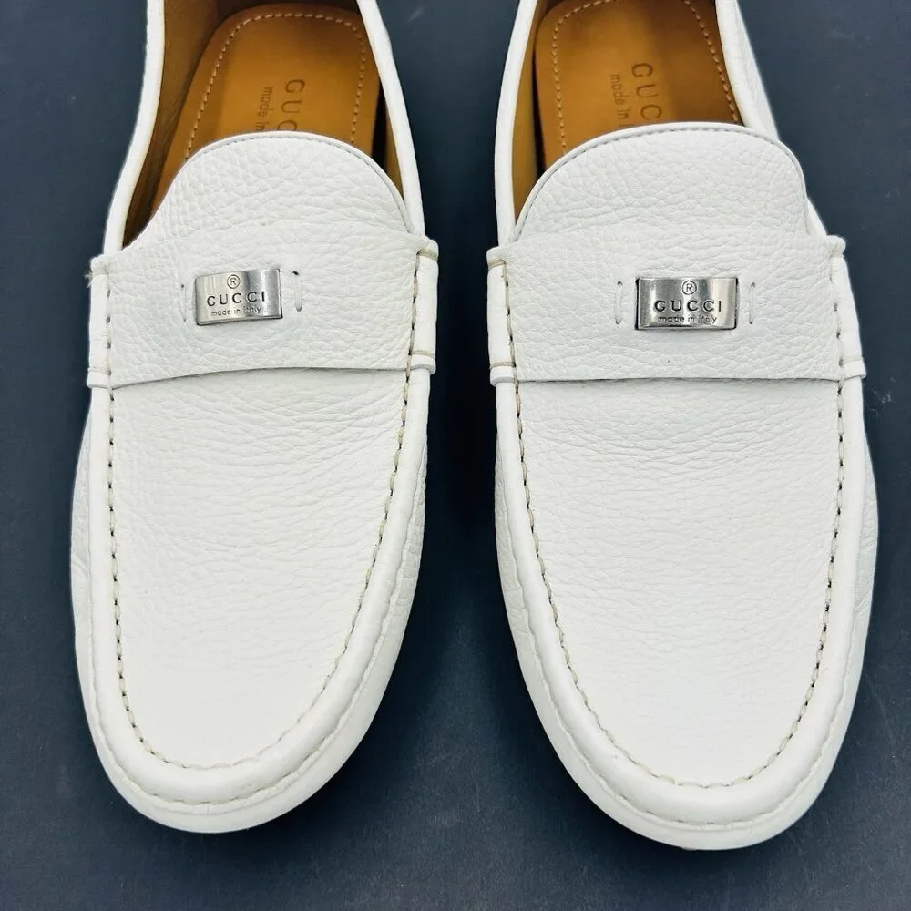 Gucci Men's White Scotch Grain Leather Driving Shoes Size US 9.5 G 9 EUR 43 NEW - Picture 3 of 14